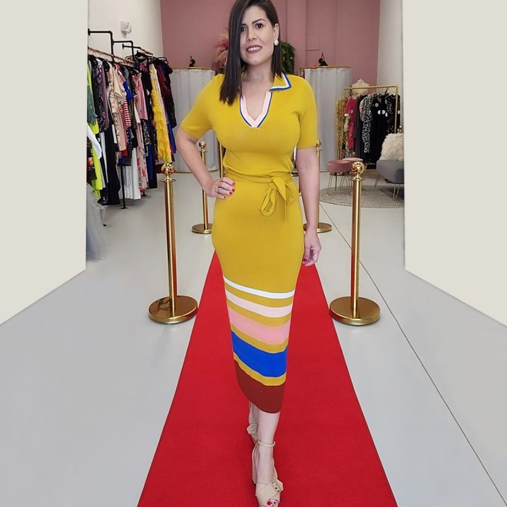 Calf length midi dress, Size S, V-Neck Princess sleeves, Orange, Eva Mendes - Picture 2 of 4